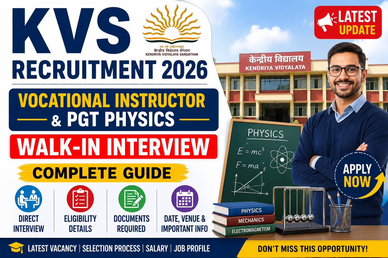 KVS Recruitment 2026 Vocational Instructor & PGT Physics Walk-in Interview
